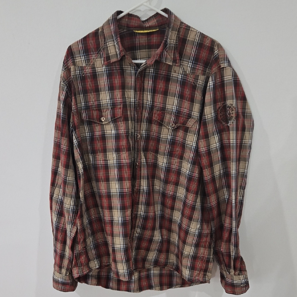 Camel Active Sz XL Men's Red & Tan Casual Plaid Shirt